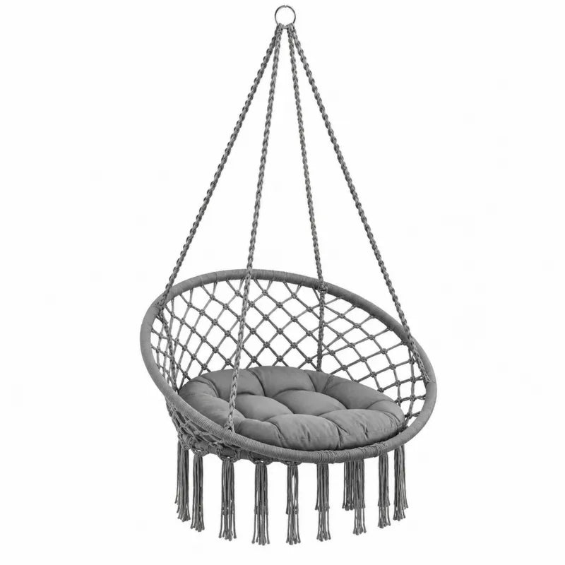 Wiszący fotel sznurkowy z poduszką, szary 80 cm