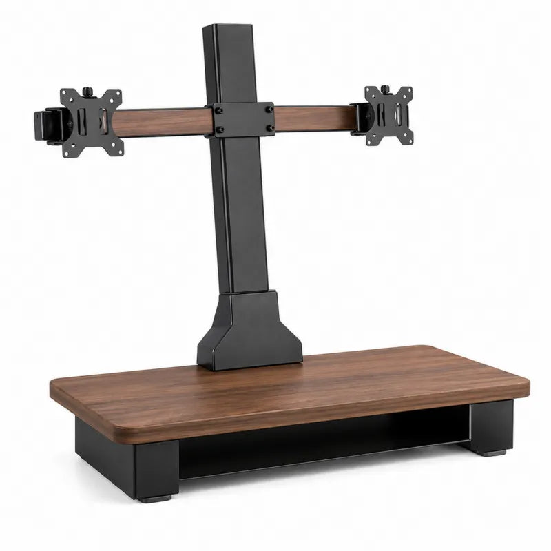 Uchwyt na dwa monitory z półką drewnianą 60x25x50 cm czarny/brązowy