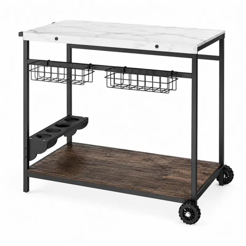 Metalowy wózek kuchenny z blatem z laminatu marmurowego, czarno-biały, 90x40x85 cm