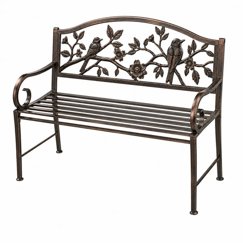 Metalowa ławka ogrodowa z dekoracyjnym oparciem 125x52x85 cm brązowa