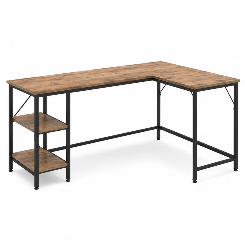 Biurko narożne L z płyty MDF i metalu, brązowe/czarne, 150x120x75 cm